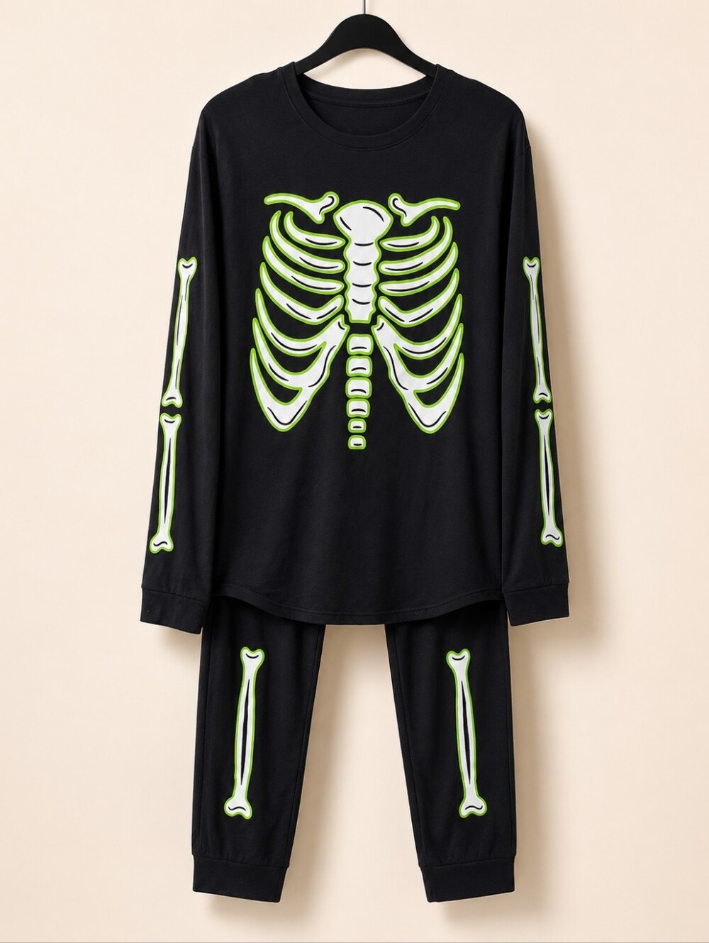 NWT Skeleton Halloween Pajama Set Black Neon Green Spooky PJs - Picture 2 of 3